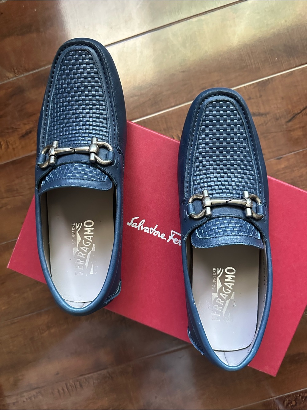 Salvatore Ferragamo Navy Woven Leather Bit Loafers